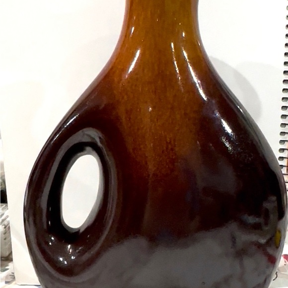 BROWN AND AMBER GLAZED CERAMIC VASE OBLONG DECOR CUTOUT HANDLE.9” - Picture 4 of 6